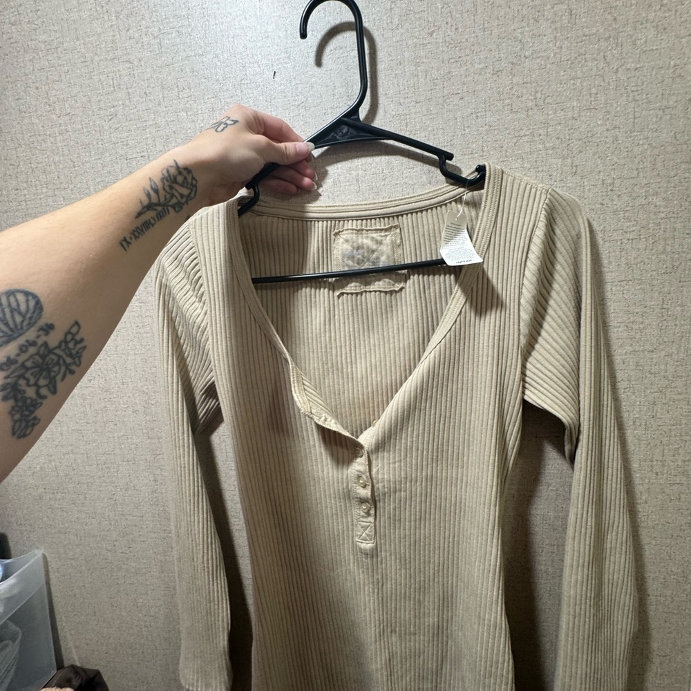 Aerie Beige Ribbed Long Sleeve Top